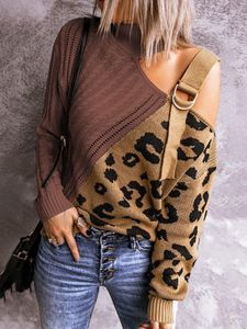 Kobiety swetry Fitshinling jedno ramię w stylu vintage Sweter Women Odzież Lampart Patchwork Slim Fashion Jumper Autumn Knitted Pullover Sale