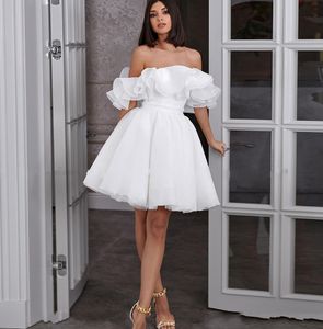 Сексуальное белое органза Гражданское свадебное платье 2024 Off Plouds a Line Short Bride Hone