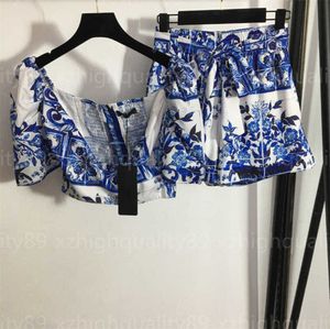 Top-Shorts, zweiteiliges Set, Sommer, coole Damenbekleidung, Seladon-Druck, sexy, schlankes, trägerloses Oberteil, Bindegürtel, elastische Taille, kurze Hose, modisch, hübsche Frauen, 55