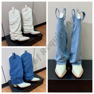 2023 Leder-Cowboy-Cowgirl-Motorrad R13 Erste Schicht aus Kalbsleder-Denim ÄRMEL Westernstiefel Cowgrils Dicker Absatz Spitze Spitze Bestickter Ritterstiefel mit 5 cm dicken Absätzen