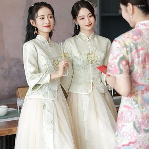 エスニック衣類中国スタイルのチョンサム花嫁介添人ドレス2023結婚式の長袖Xiuhe hnafu thin姉妹着物形式の皮のスーツ