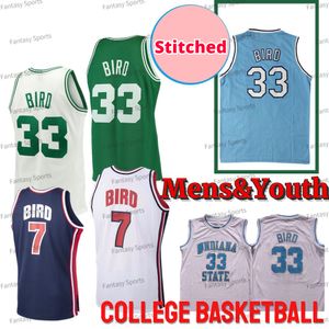Retro Youth 33 Larry Bird Jersey Indiana State Sycamores Basketball 1992 Team USA 7 Bird Blue White Green Throwback Basketball Jerseys Stitched Kids Mens