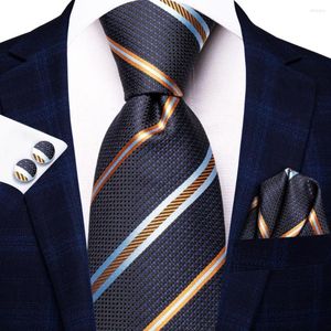 Bow Ties Hi-Tie Designer 2023 Navy Blue Orange Striped Tie for Men mode varumärke bröllopsfest slips handky manschettknappar grossist