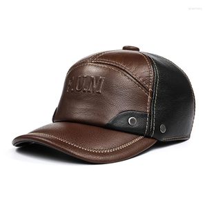 Ball Caps Man Genuine Leather Letter Printed Baseball Cap Men's Cowhide Two Tone Outdoor Leisure Warm With Tab Ear Protect Gorra