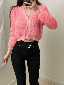 Kurtki damskie jesień futrzany płaszcz Kobiety różowe dzianki patchwork damskie przycięte kardigany moda moda na zwykłe płaszcze bluzki 230728