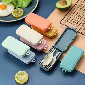 Dinnerware Sets 4pcs Portable Wheat Straw Fork Cutlery Set Foldable Folding Chopsticks With Box Picnic Camping Travel Tableware