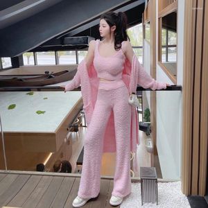 Women's Two Piece Pants Ins Net Red With The Same Lamb Velvet Suit Plush Knitted Nightgown Three-Piece Women Straps Slim Pajamas Set