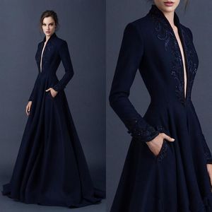 Navy Blue Satin Evening Dresses Embroidery Paolo Sebastian Dresses Custom Made Beaded Formal Party Wear Plunging V Neck Ball Gowns251T