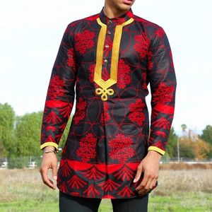 Ubranie etniczne afrykańskie męskie dashiki długi rękaw plus solids bogata kwiatowy nadruk muzułmański męski szczupłowy top casual t-shirt Tradi2351