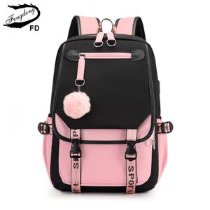 Backpacks Fengdong large school bags for teenage girls USB port canvas schoolbag student book bag fashion black pink teen school backpack 230729