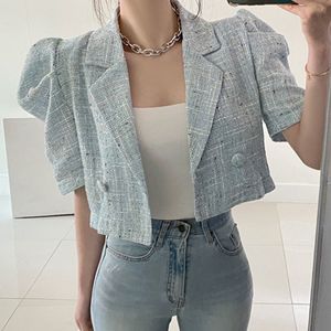 Kurtki damskie nacięte puff z krótkim rękawem Top Chaquetas Mujer Pink Tweed Jackets Kobiety Chic Styl Korean Jaqueta Feminina Plaid Płaszcz Koszula 230728