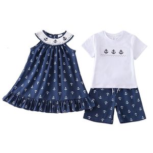 Flickans klänningar Girlymax 4 juli Independent Day USA Summer Baby Girls Boy's Sibling Boutique Clothes Navy Anchor Smocked Dress Shorts Set 230728