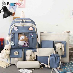 Handtaschen 5 teile/satz Kawaii Frauen Rucksack Koreanische Nette Mädchen Büchertaschen Große Kapazität Teenager Student Schule Tasche Casual Leinwand Reise Rucksack 230729