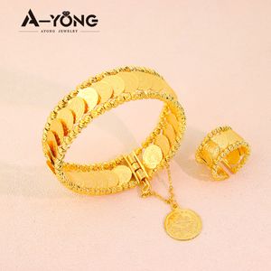 Wedding Jewelry Sets Simple Style Coin 24k Gold Plated Dubai Ring and Bracelet Set for Women Banquet Accessories 230729