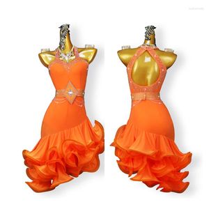 Scene Wear Latin Dance Dress Competition Costumes kjol som utför vuxna Anpassa barn orange fiskben kjol