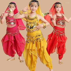 Conjunto de fantasias de dança do ventre para crianças, roupas de palco, fantasias de Bollywood para meninas, vermelho/rosa, vermelho/amarelo, 3 cores, 7 peças, meninas dançantes