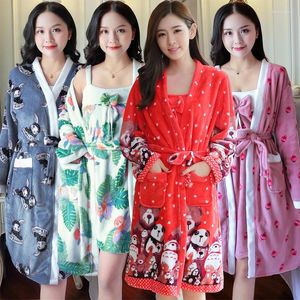 Женская одежда для сна 2PCS 2023 Зимние густые теплые фланелевые ночные рубашки наборы для женщин для женщин Корейский милый коралловый бархатный костюм.