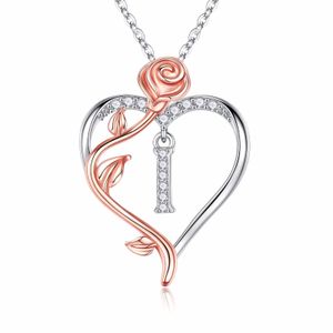 Iefil rose hjärthalsband gåvor för kvinnor, 925 Sterling Silver Rose Love Heart Initial Letter Pendant Halsband smycken Mothers Day Valentines D43231