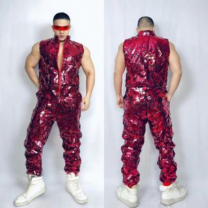 Stage Wear RED Laser Mirror Rompers Muscle Man Club Costume Sequins Jumpsuit Hip Hop Dancer Team Street Dance Show