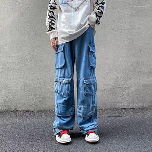 Jeans Masculino Calça Cargo Lavada Azul com Vários Bolsos Casal Hip Hop High Street Baggy Casual Harajuku Calças Jeans Simples Perna Larga