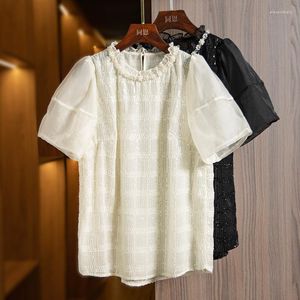 Women's T Shirts Sequin Plaid Top 2023 Summer Fashion Standing Neck Pearl Design T-shirt Office Ladies Blouse Elegant Women Clothing