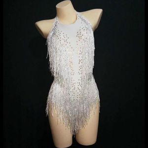 Roupa de palco Bodysuit com strass branco com borla feminino Sexy Club Outfit Fantasia de dança com franjas Show de peça única Cantor Leotard262T