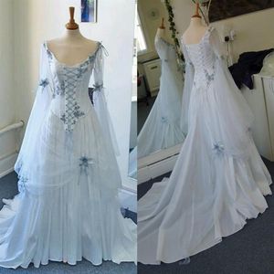 Vintage Celtic Gothic Corset Evening Dresses With Long Sleeve Plus Size Sky Blue Medieval Halloween Endast Prom Party Gown207w
