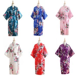 エスニック服15カラー女性日本語スタイル着物ゆき眠り眠り孔雀のサテン薄い長いナイトガウンローブ伝統的な大人LO286M