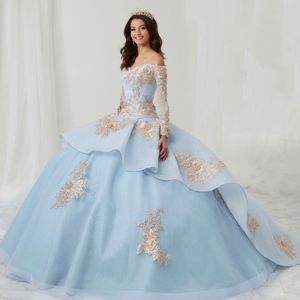 Sky Blue Sexy Off-Shulder Long Sleeved Quinceanera Dresses Vestidos De 15 Anos Appliques 3DFlowers Tiered Formal Princess Birthday