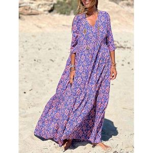 On Womens Early Autumn Fashion V Neck Print Casual Beach Dress