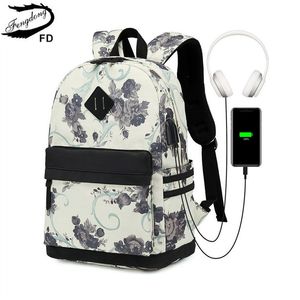 Skolväskor Fengdong Flower School Bags for Girls Teenagers USB Ryggsäck Kvinnor Bookbag Middle High College School Ryggsäck Teen School BAG 230728