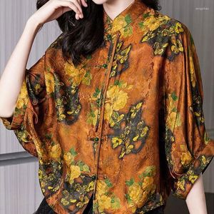 Damskie bluzki chiński styl stojak na kołnierz bluzka żeńska odzież vintage drukowana letnia elegancka elegancka elegancka luźna koszula