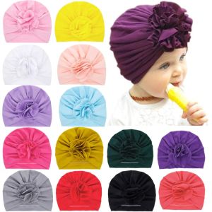 Plisowane kwiat czapki dziecięce elastyczne bawełniane kolory stałe akcesoria do czapki czapki multi kolorowe kapelusze turbanowe 397 h1zz