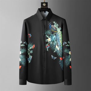 Brand Clothing Luxury Peacock Water Diamond Men's Shirt Long Sleeved Casual Shirts Streetwear Social Nightclub Men Clothing 2023