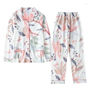 Kvinnors sömnkläder damer pyjamas kostym blommig bomull färsk stil kvinnlig lapel casual hemkläder pyjama häll