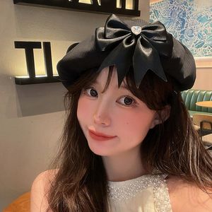 Berets Korean Version Bow Black Beret Women's Summer Versatile Solid Color Painter Hat Thin Street Trend Girl Sweet Star Anise Cap