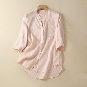 Women's Blouses Loose Button Down Blouse Tops Stand Collar Three Quarter Sleeve Shirts Solid Casual Cotton Linen For Women