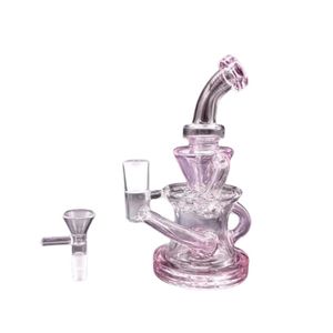 Mini Pink Glass Bong Hookahs Oil Dab Rig Water Recycler Pipes för rökning med kvinnlig 10 mm fog