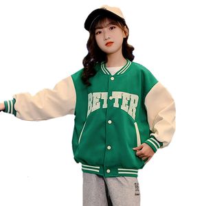 Jackor Spring Autumn Green Baseball Jacket Big Kids Teens Casual Clothes For Teenage Girls Sports Ytterkläderrock ålder 4 5 7 9 11 13 År 230728