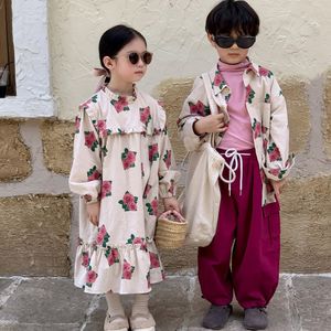 Kids Shirts Autumn Brother Sister Outfits Boy Children Casual Loose Cotton Shirt Girl Baby Splicing Flower Print Ruffle Princess Party Dress 230728