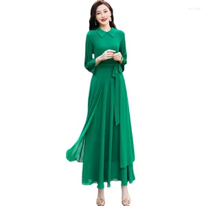 Casual Dresses 2023 High Quality Custom Made Women's Elegant Polo Collar Long Sleeve Green Chiffon Maxi Dress