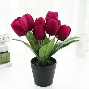 Decorative Flowers Artificial Tulips Bonsai Simulation 7heads Silk Flower Plant Pot for Wedding Party Decor Office Desktop Home Ornaments