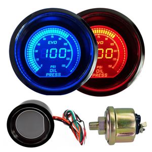 Medidor de pressão de óleo de 2 polegadas 52 mm 12V azul vermelho LED lente matiz de luz tela LCD medidor digital de carro preto universal292K