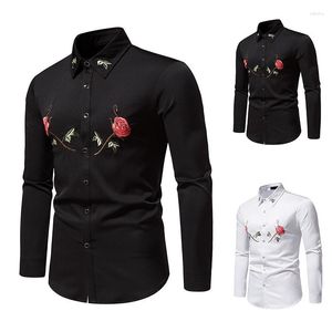 Männer Casual Hemden Schwarz Rose Stickerei Druck Kleid Herren Marke Slim Langarm Smoking Hemd Für Männer Button Down chemise Homme