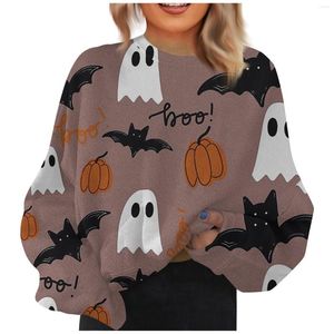 Moletons femininos Camisa de Halloween Moda Estampada Suéter Decote Redondo Padrão Fantasma Manga Comprida Top Casual Solto Ajuste Pulôver