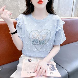 Women's T Shirts 2023 Summer European Clothes T-Shirt Women Chic Sexy Jacquard Weave Shiny Diamonds Letter Love Tops Ruffle Sleeve Tees