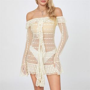 Casual Dresses Summer Women Yellow Lace Floral Open Back Mini Dress Hollow Out Ruffles Off Shoulder Boat Neck Long Sleeve Slim Bodycon