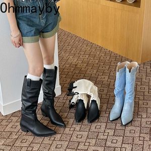 Boots Woman Western Cowgirl Boot Fashion Slip on Long Knight Booties Autumn Winter High Heel Women's Shoes 230729