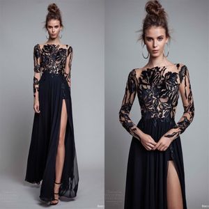 Elegant Black Lace Applique Evening Dresses With Illusion Long Sleeve 2017 Chiffon Floor Length Side Split Prom Dresses Formal Par224I