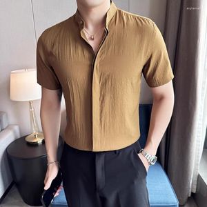 Camisas casuais masculinas de alta qualidade 3D rugas finas finas vestido masculino verão negócios gola manga curta camisa sólida homem Ropa Hombre